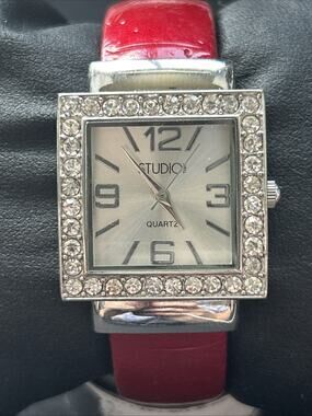 Studio Time Silver Tone Case Red Band Women’s Cuff Watch